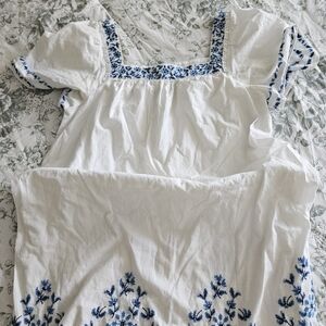 Draper James White Blouse with Blue Embroidery